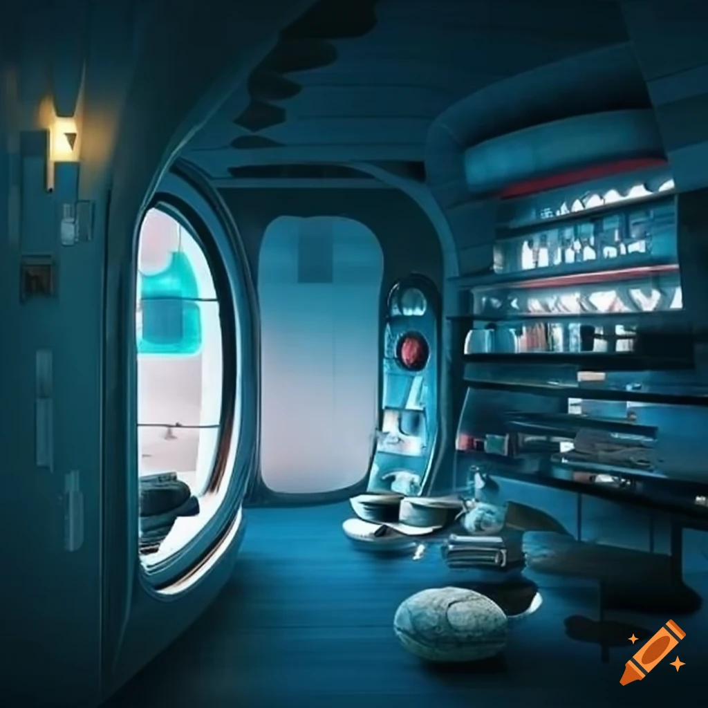 Retro-futuristic space colony pod general store interior with Japanese-style design