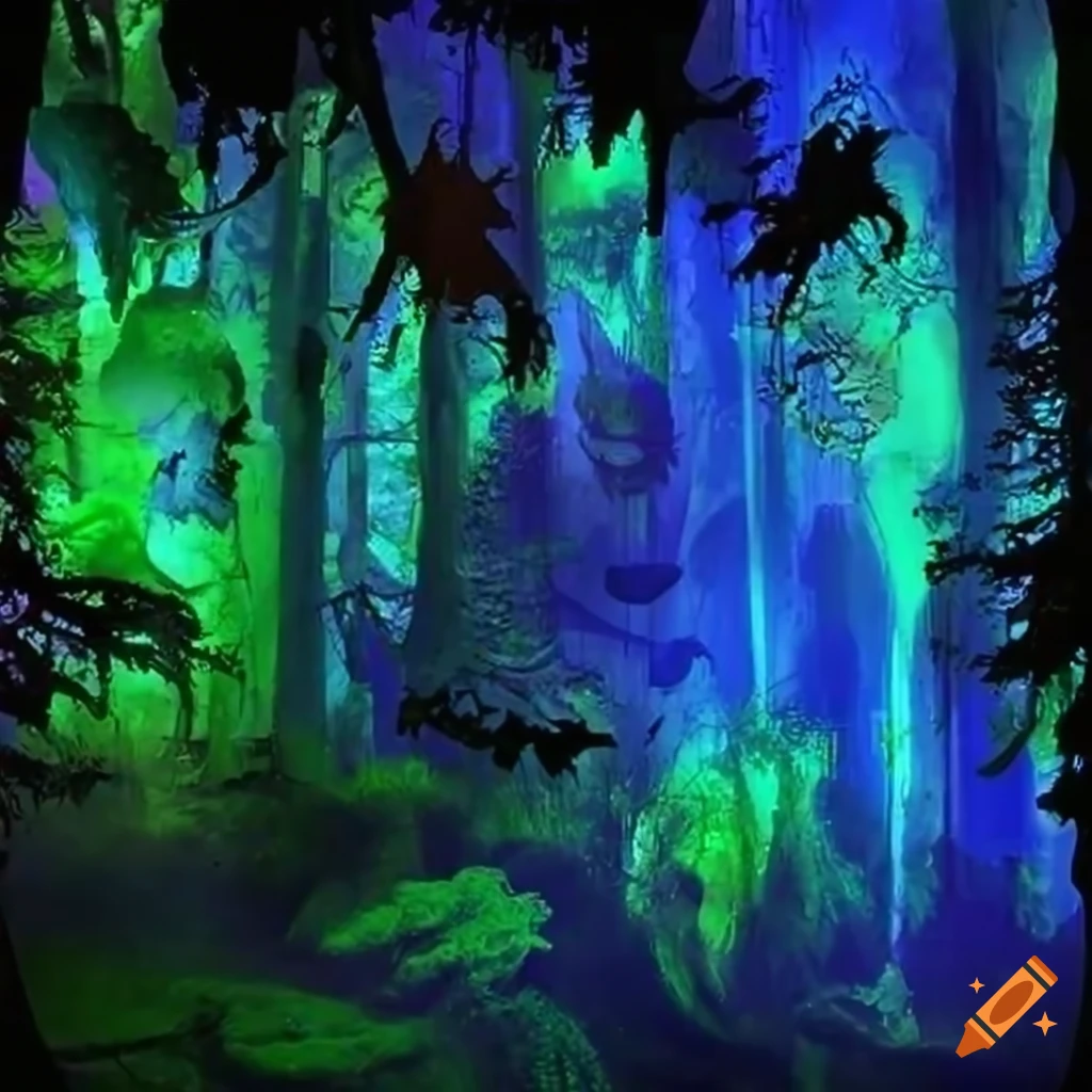 Biopunk forest merging nature and technology with towering bioluminescent trees