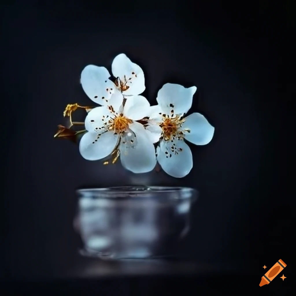 Apricot blossoms on glistening glass stave carving with black background