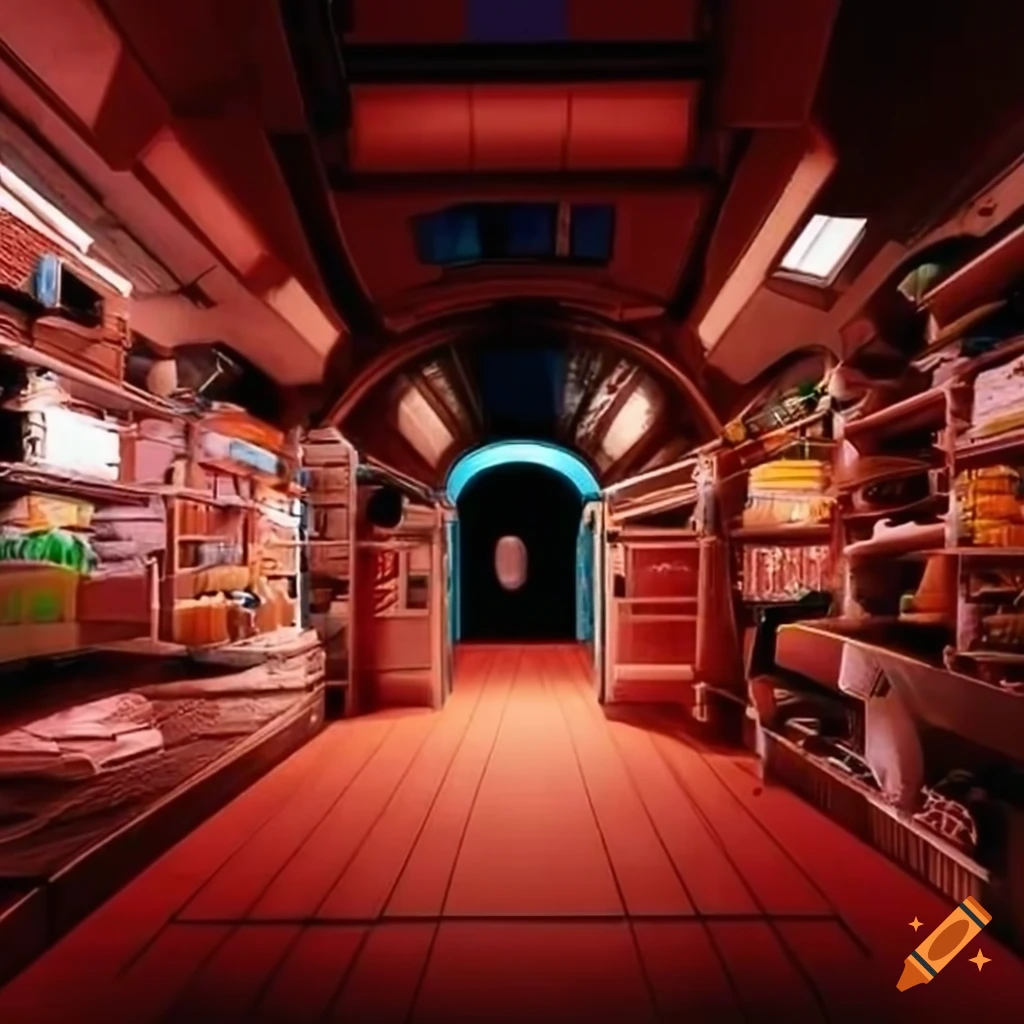 Retro-futuristic space colony pod general store interior with Japanese-style design