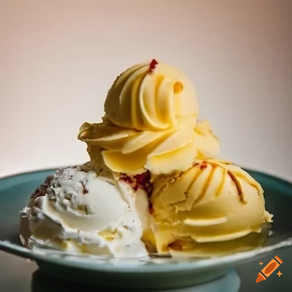 Plate of vanilla ice cream with three scoops on a glass table under soft sunrise lighting