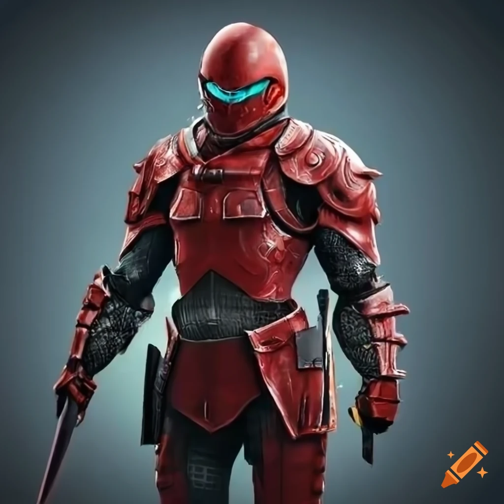 Futuristic warrior in red armor holding a sword