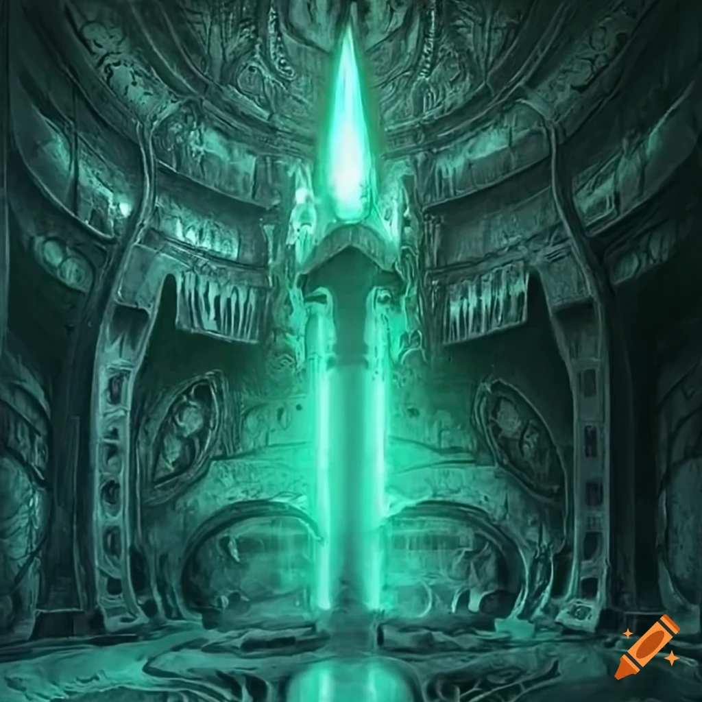 Ethereal green light radiating from an eldár citadel tower in a sci-fi fantasy universe