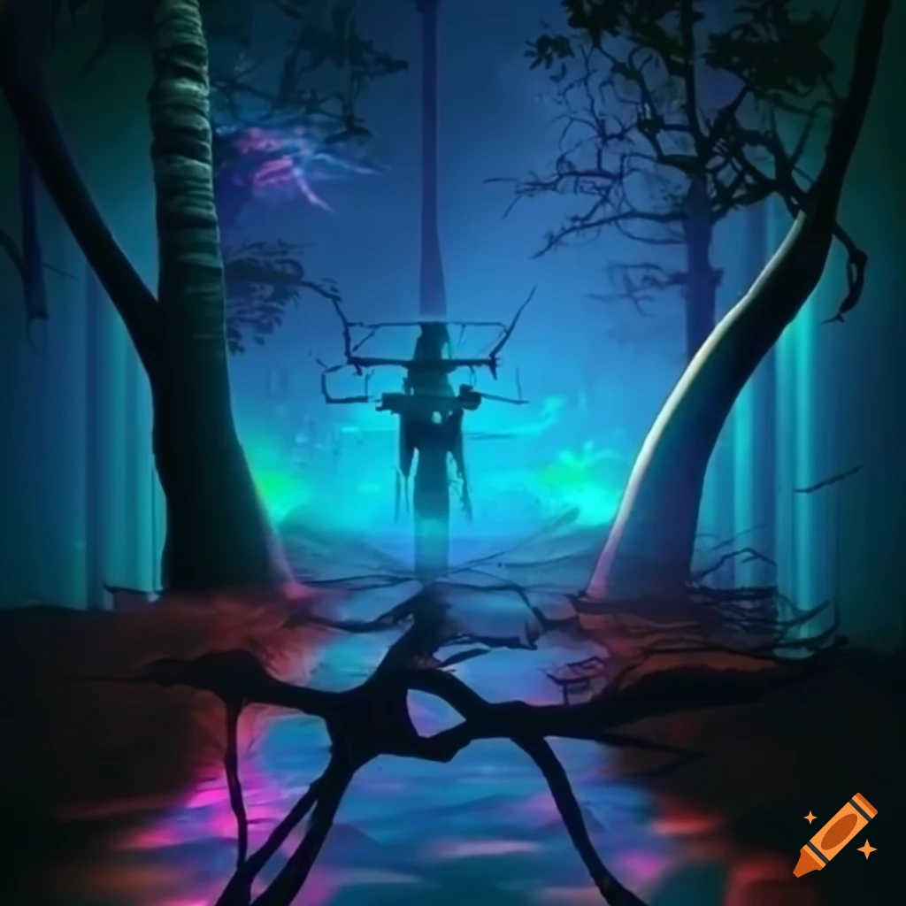 Biopunk forest merging nature and technology with towering bioluminescent trees