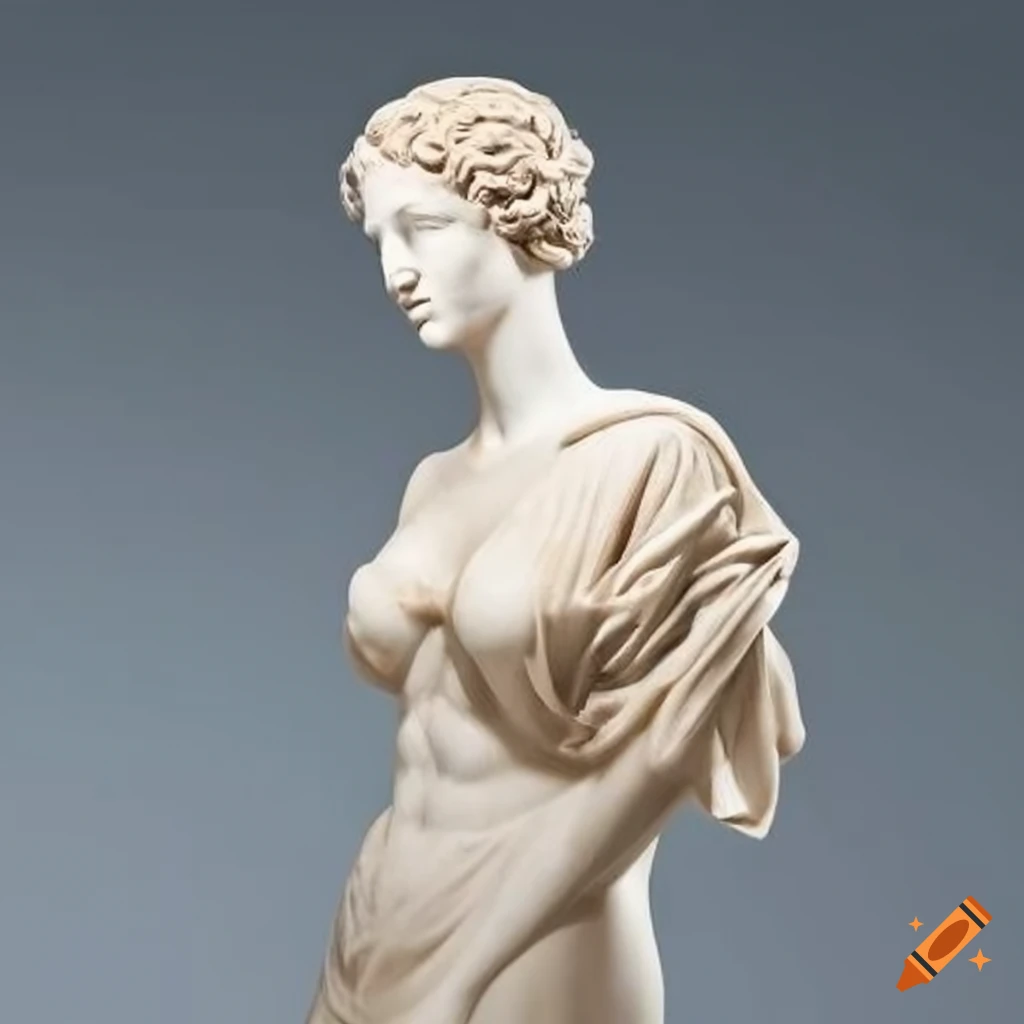 Classical Greek style marble statue of a woman with defined abs