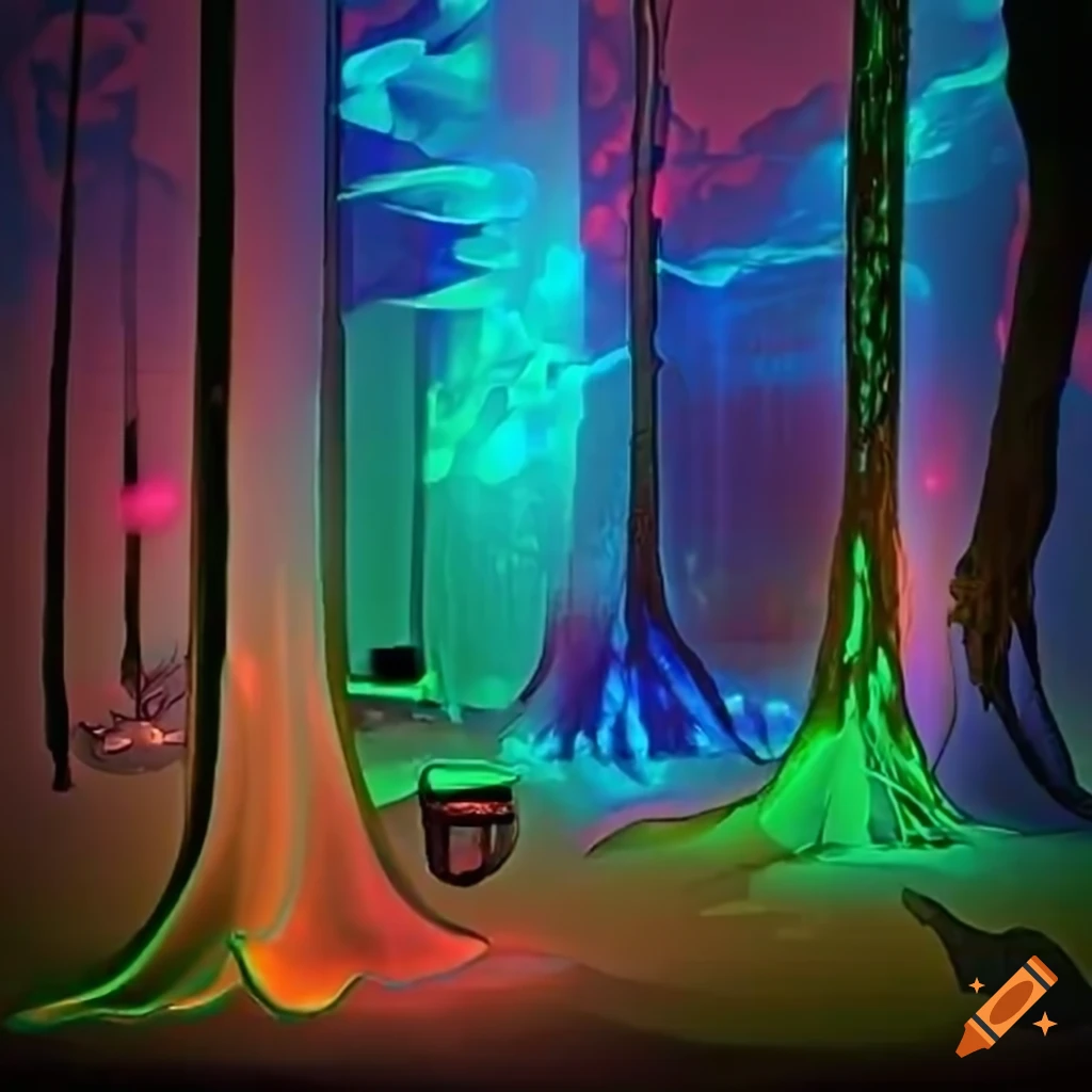 Surreal biopunk forest with glowing bioluminescent trees