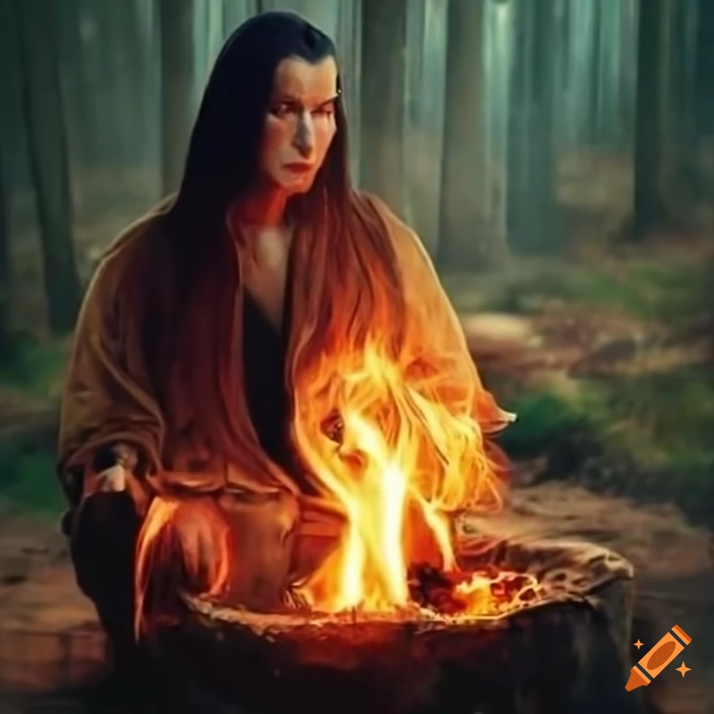 Enchanting shaman resembling Alanis Morisette by a roaring campfire in a mystical setting