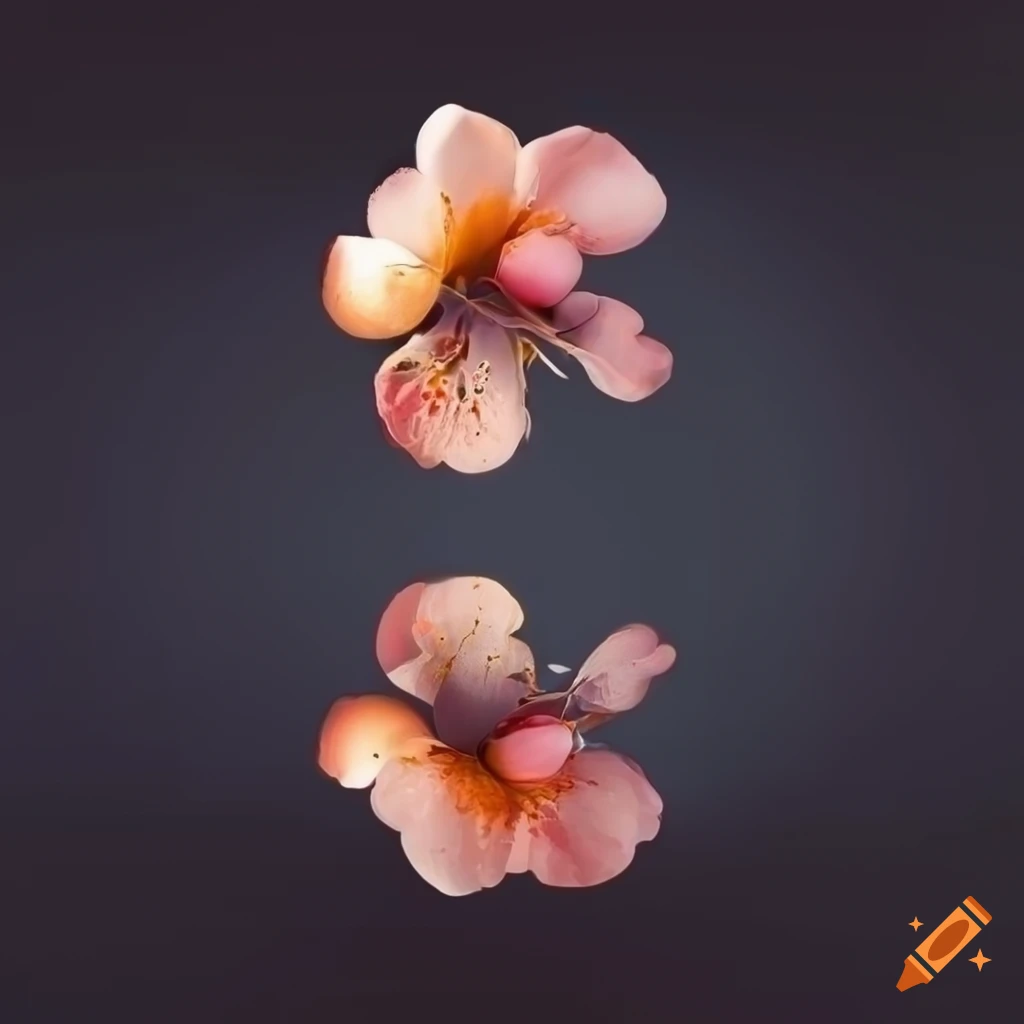 Apricot blossom with glistening glass on pitch black background in woodblock sculpture fusion