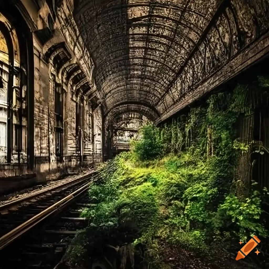 Abandoned train station Gare de l'est in Paris with a Tim Burton style and vegetation on railways