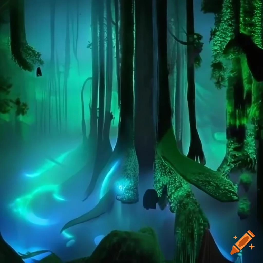 Biopunk paradise with merging nature and technology in a surreal forest