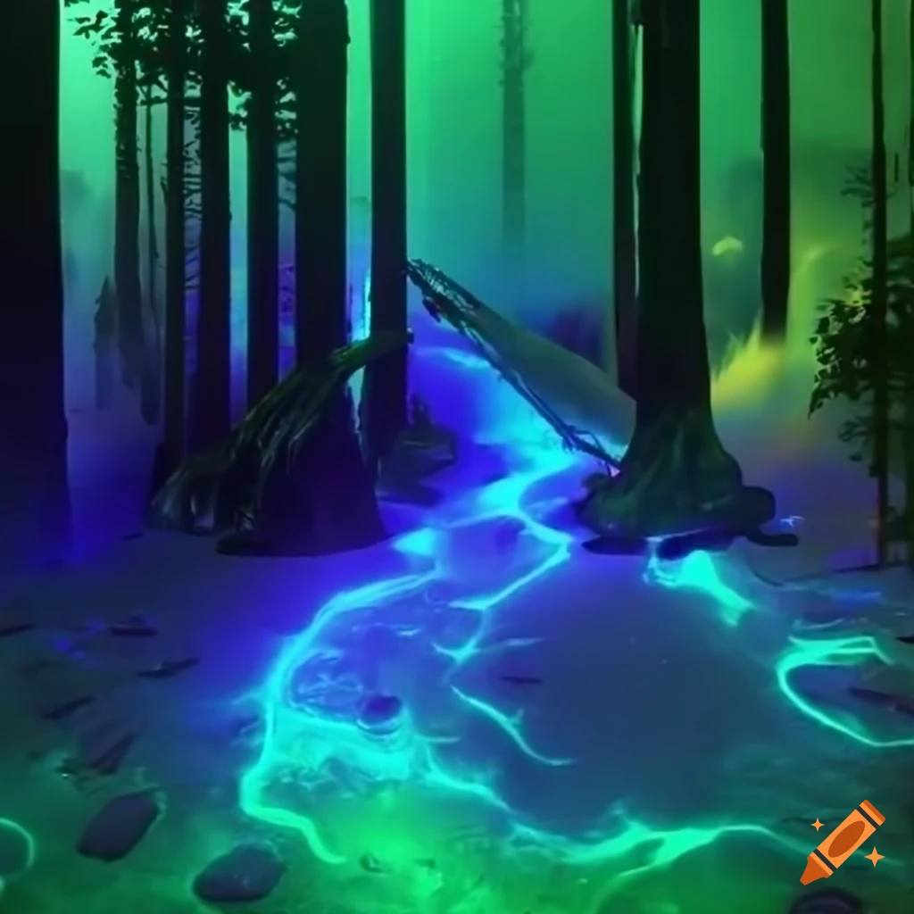 Biopunk paradise with merging nature and technology in a surreal forest