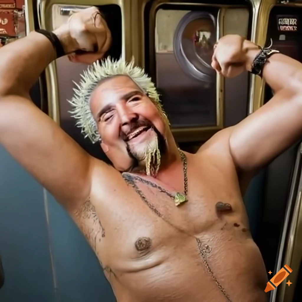 Guy Fieri with muscular arms in NYC subway