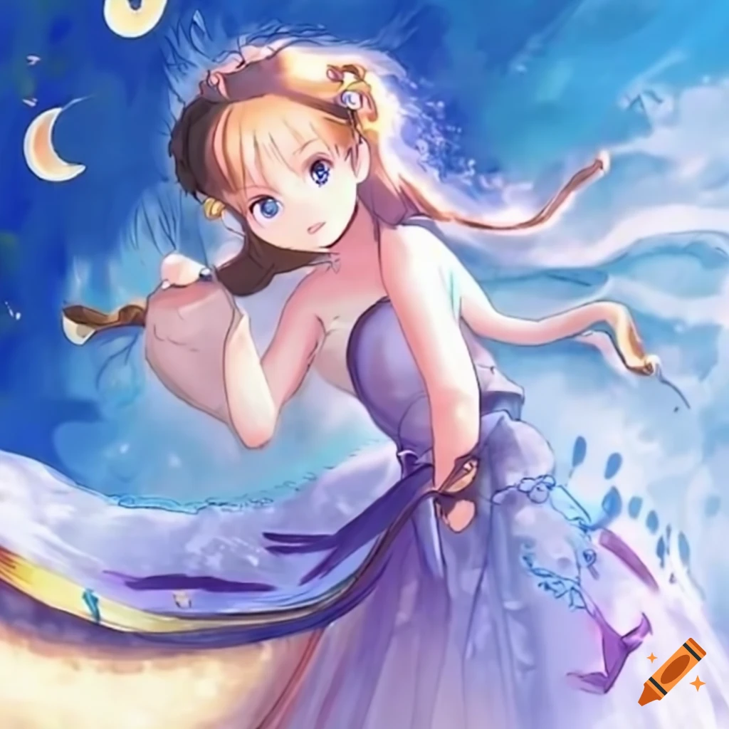 Studio Ghibli magician anime girl with a book and bow, wearing a blue and gold dress