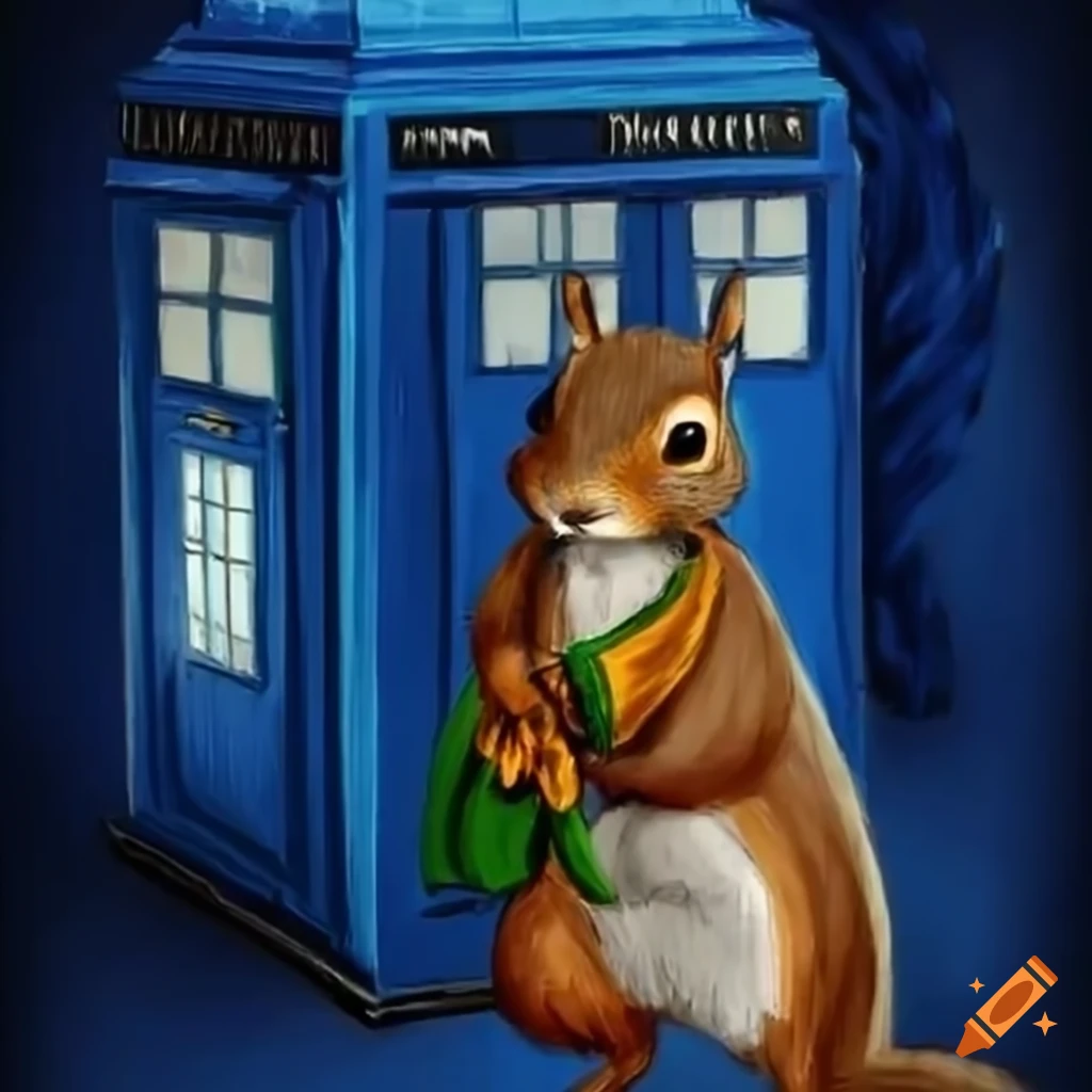 Squirrel with a scarf inside a TARDIS