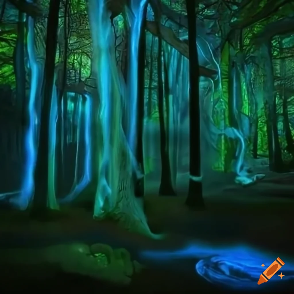 Biopunk paradise with merging nature and technology in a surreal forest