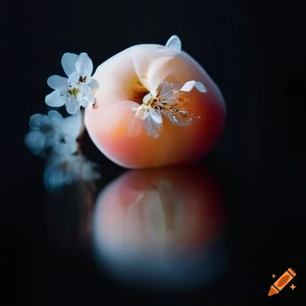 Apricot blossoms against glistening glass stave carving on black backdrop