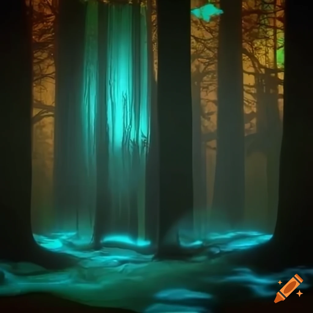 Biopunk paradise with glowing bioluminescent trees in a surreal forest