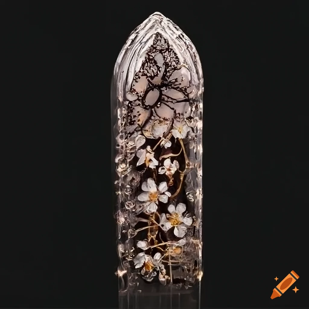 Apricot blossom against a sparkling glass stave carving on black backdrop
