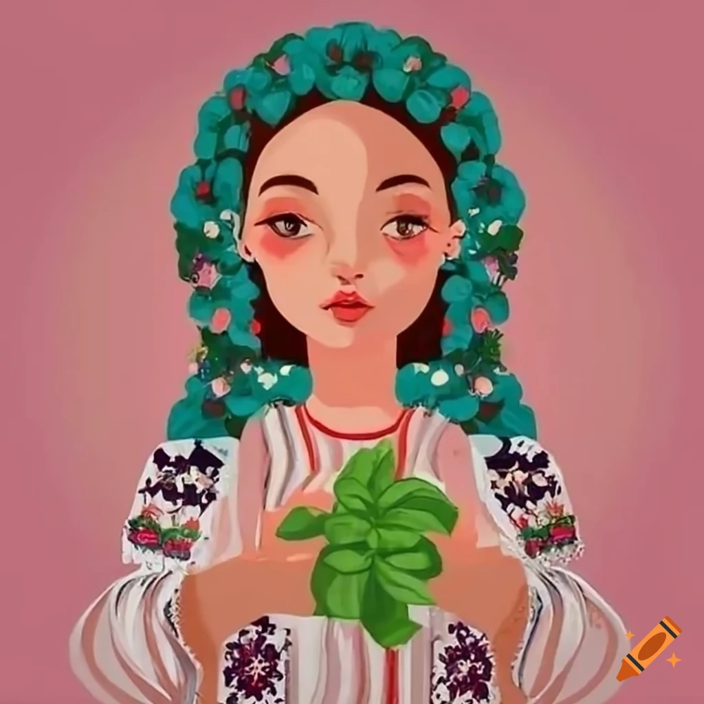 Girl in traditional Romanian attire holding basil bouquet