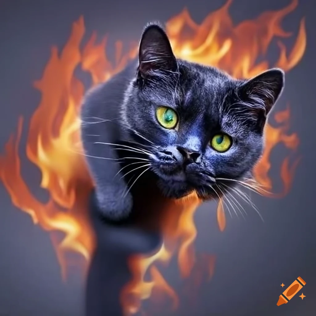 Blue dystopian future with a black female cat on fire