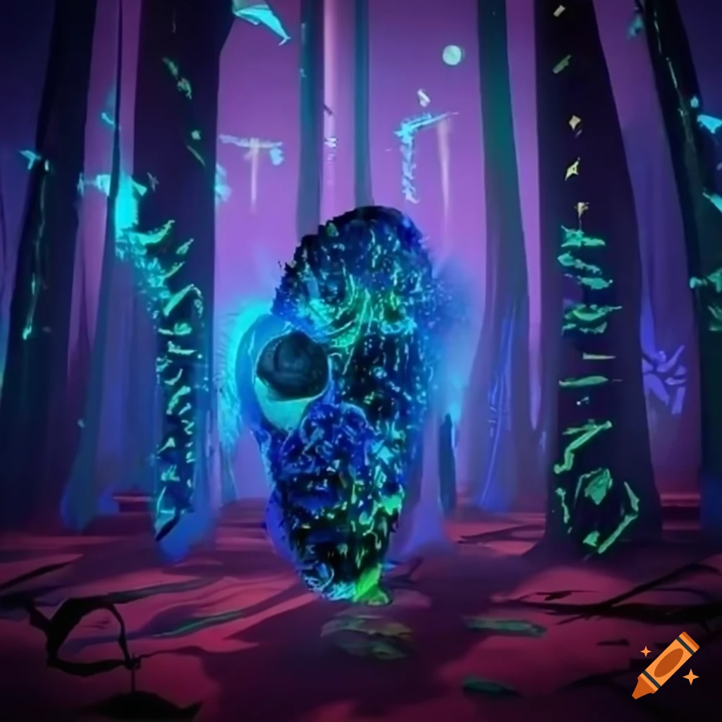 Biopunk paradise with glowing bioluminescent trees in a surreal forest