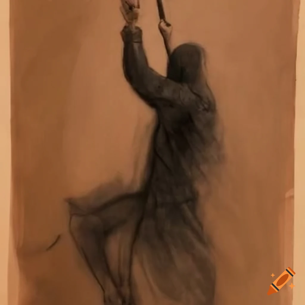 Charcoal drawing of a ninja performing a magical fighting technique