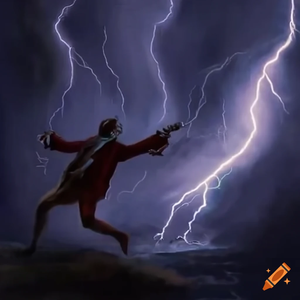 Benjamin Franklin flying a kite in a lightning storm
