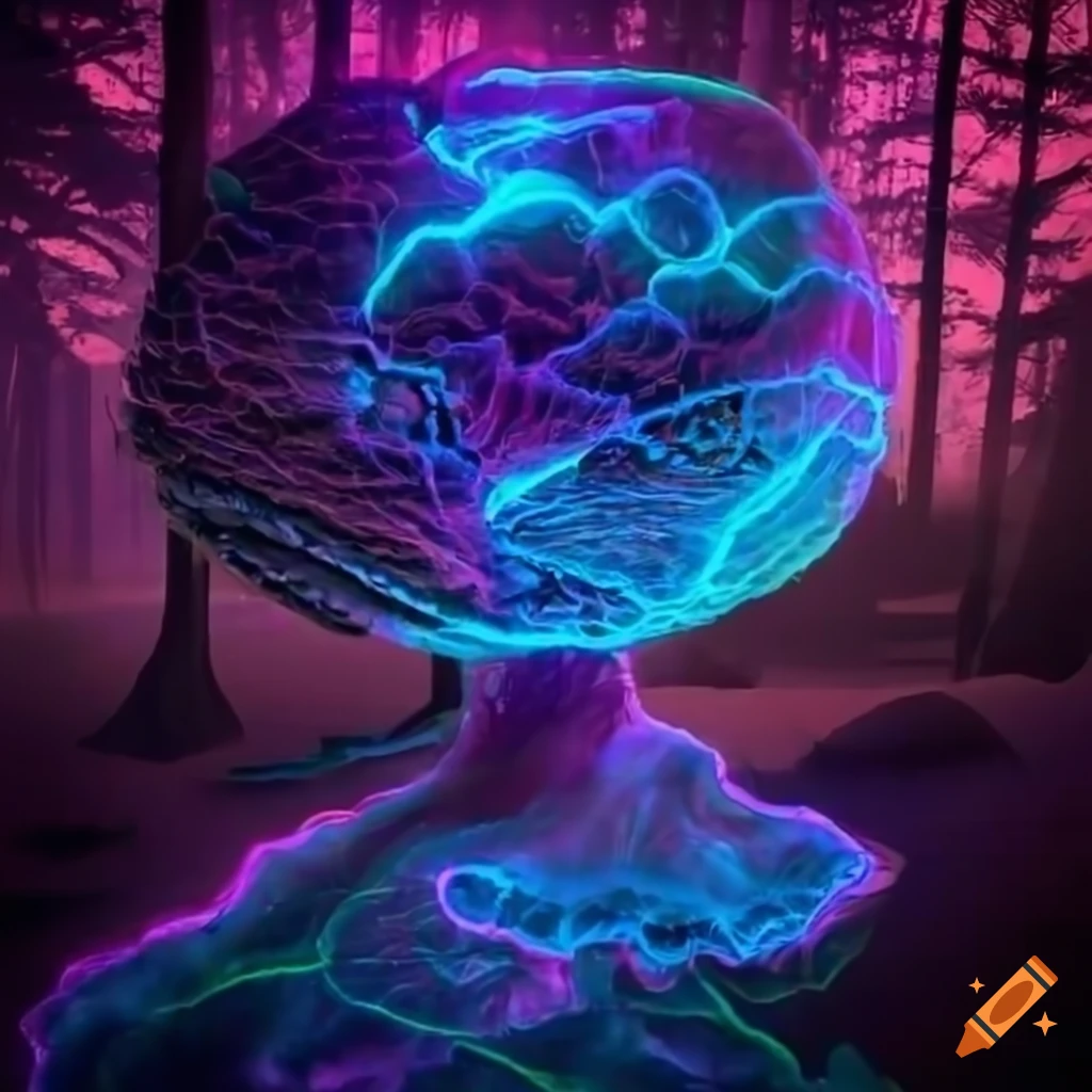Surreal biopunk forest with glowing bioluminescent trees