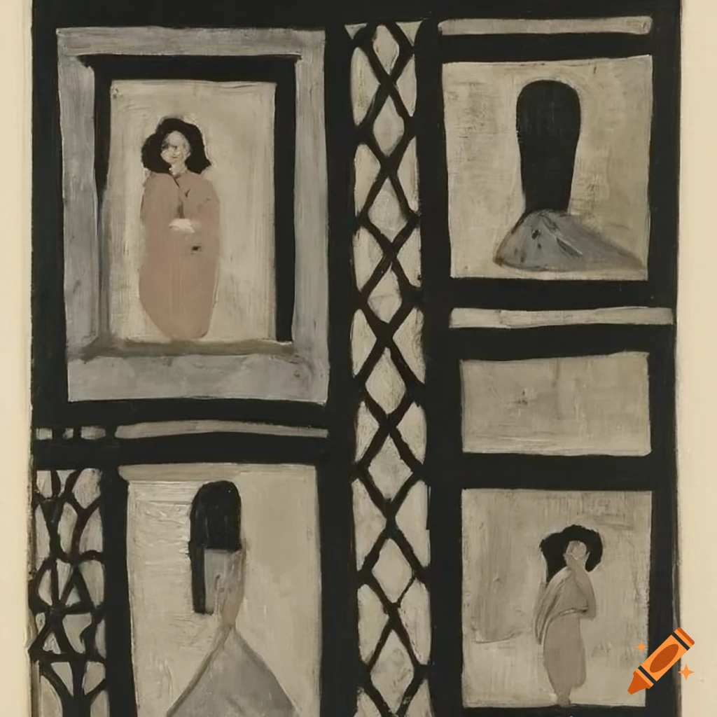 Courtyard with a house and angels in the style of Gertrude Abercrombie and Horace Pippin