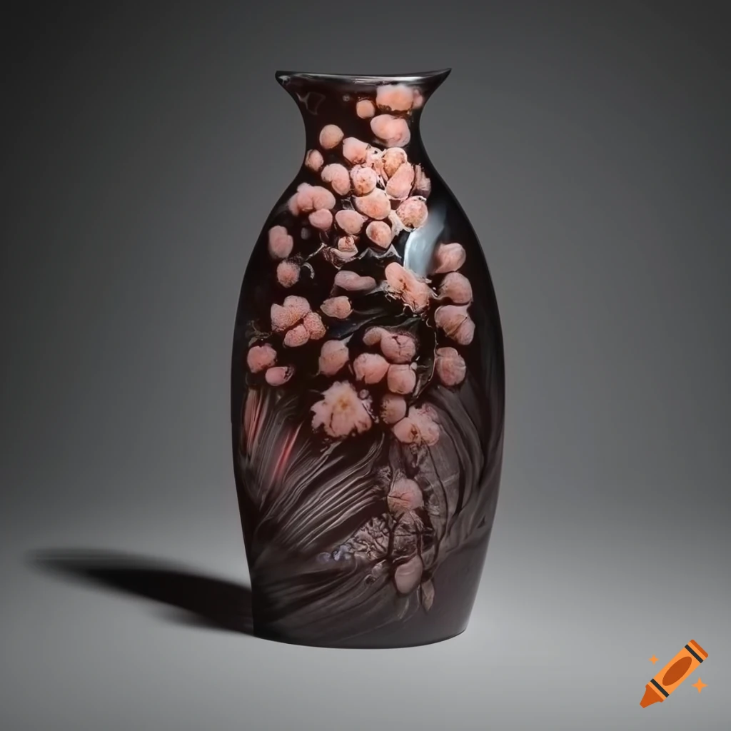 Apricot blossom with glistening glass on black background in woodblock sculpture fusion