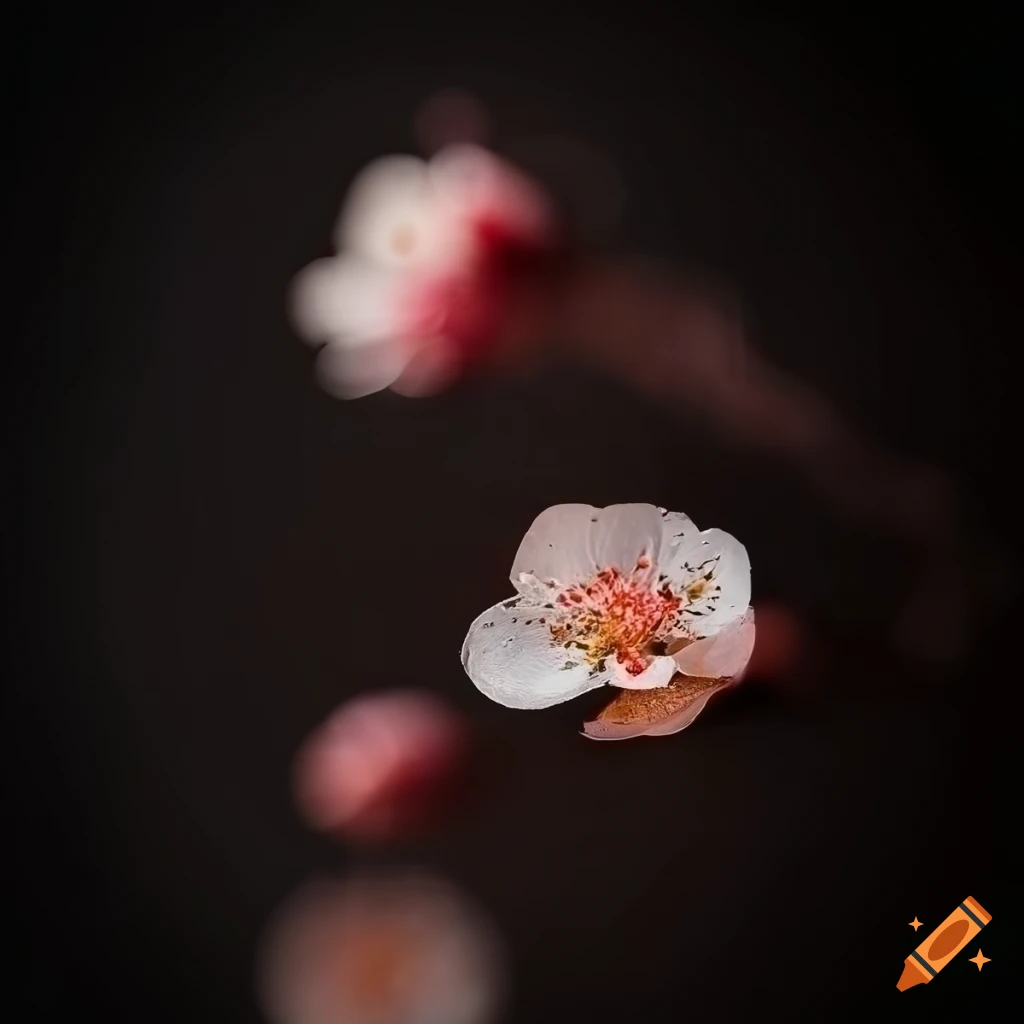 Apricot blossom and glistening glass on black background with woodblock sculpture fusion