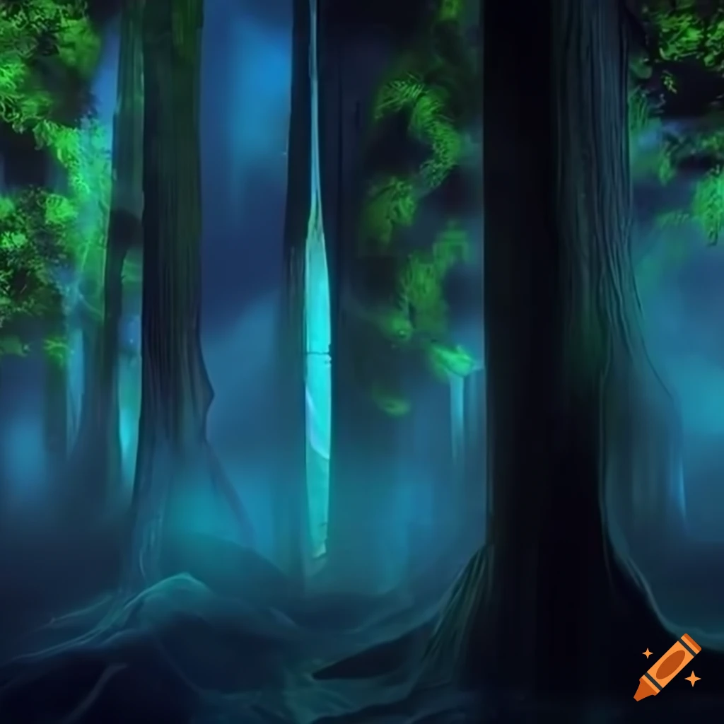Surreal biopunk forest with glowing bioluminescent trees