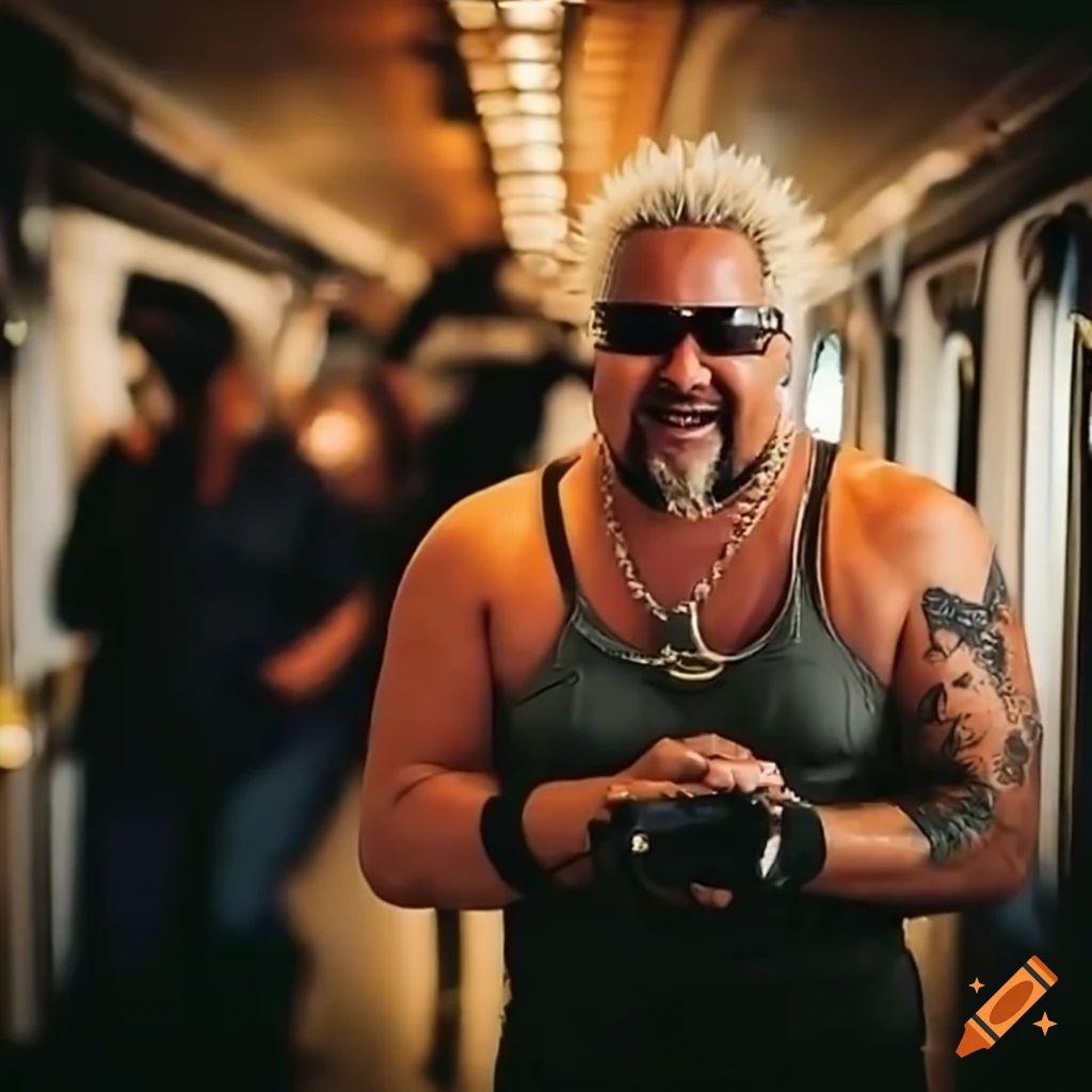 Guy Fieri with muscular arms in NYC subway