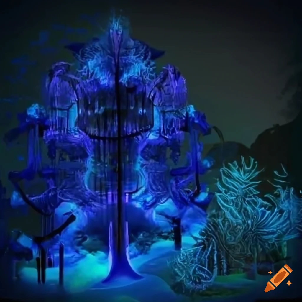Biopunk paradise with merging nature and technology in a surreal forest