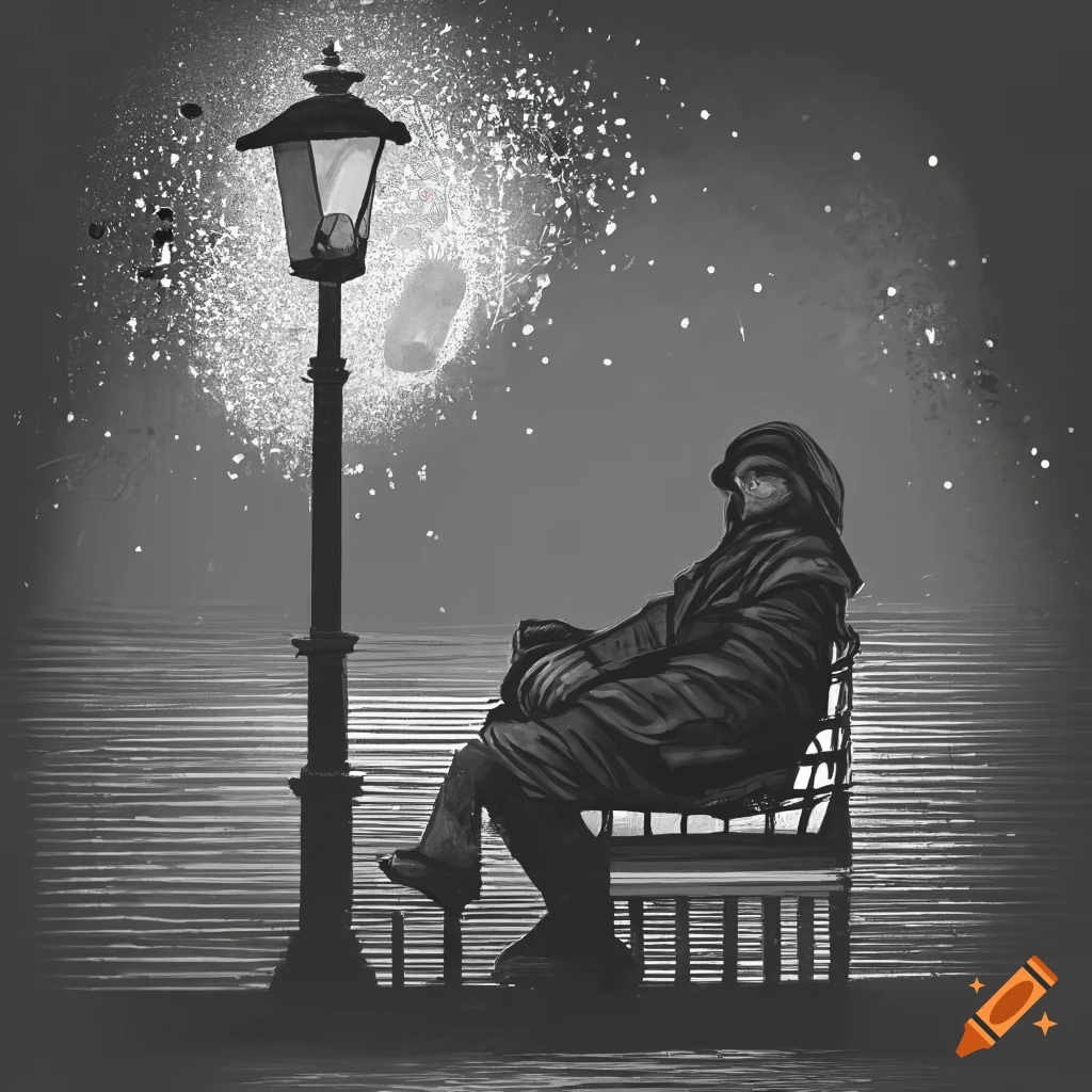 Homeless person sleeping on a park bench under a street lamp at night in scratch board style