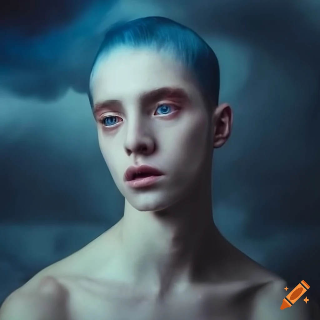 Male air nymph surrounded by winds and storm in hyperrealistic art