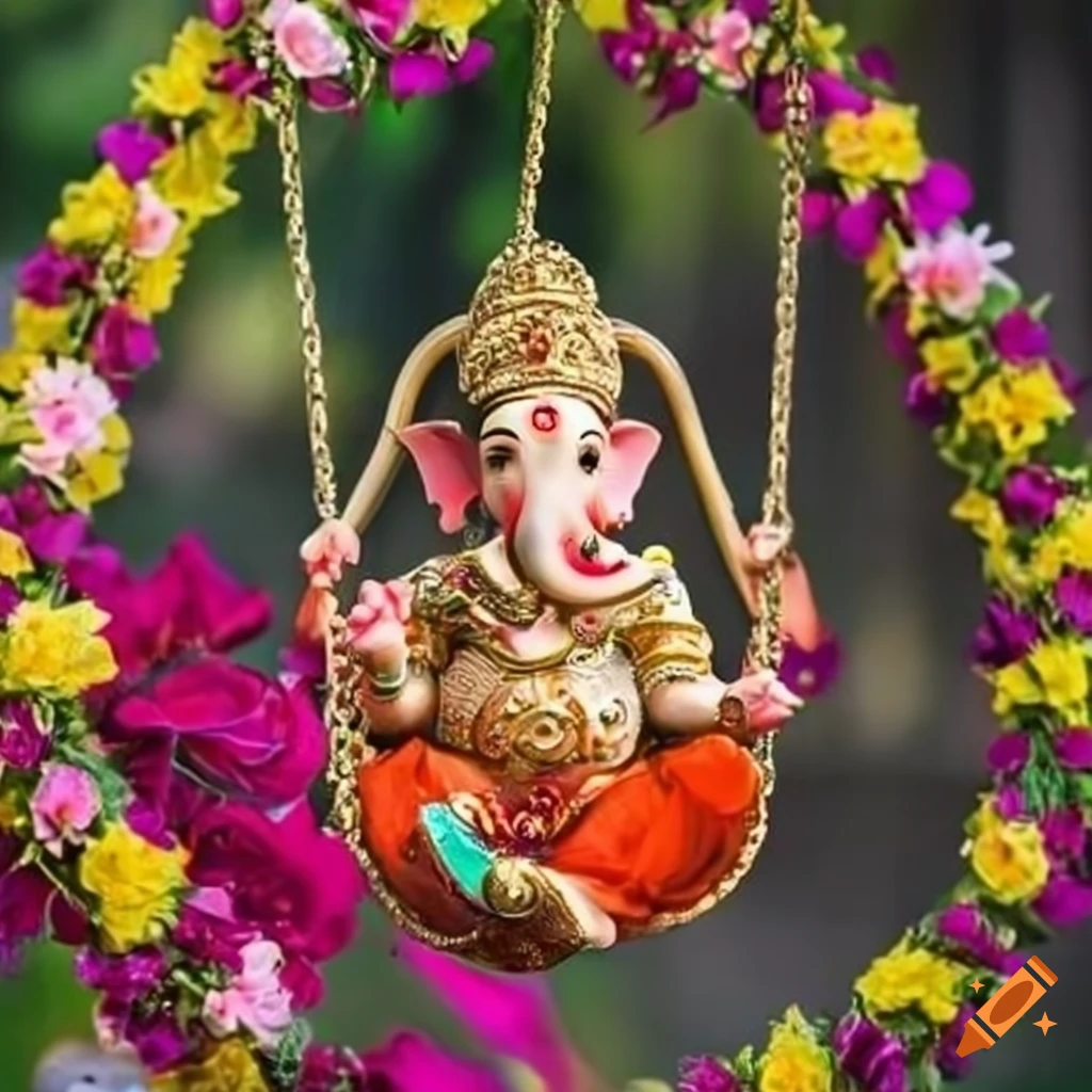 Decorated floral ring swing with colorful orchids, roses, and serene Ganesha idol