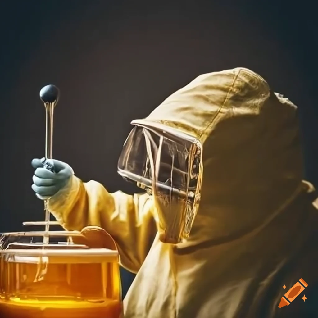 Scientist in bee suit examining honey from a bee hive
