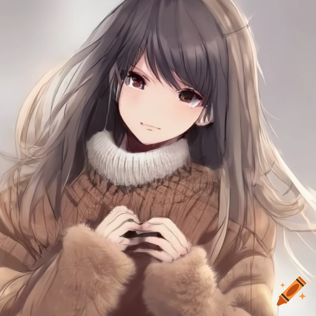 Anime girl with long black hair in a cozy brown sweater on Craiyon