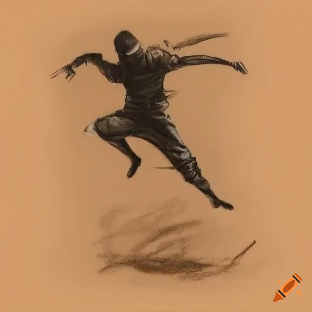 Ninja jumping in traditional Japanese art style on tan paper