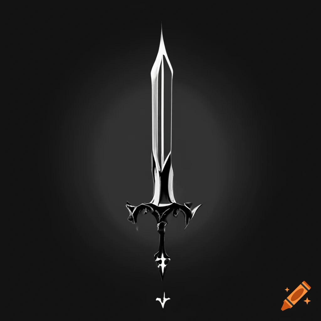 Black and white logo with a powerful sword in the middle