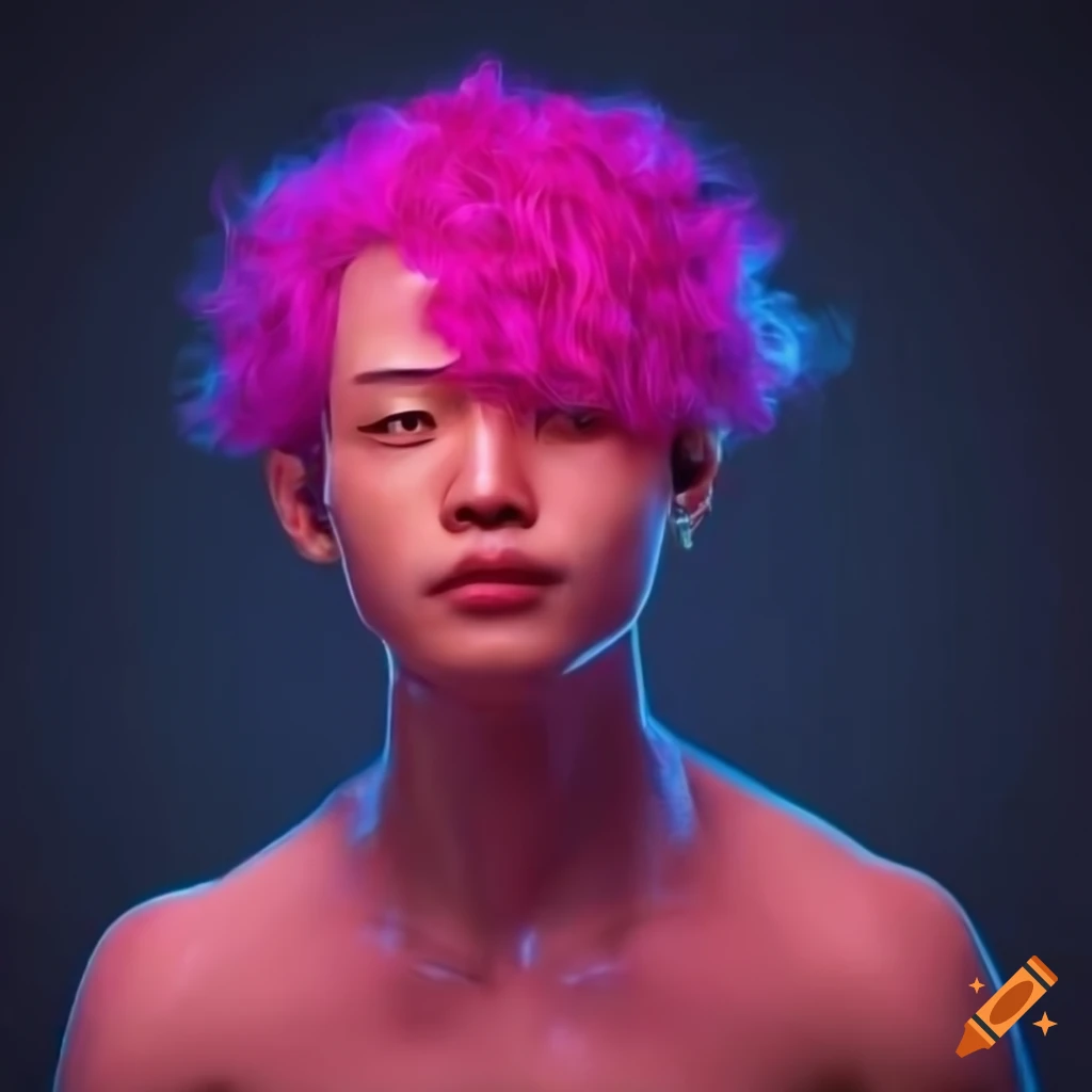 Cyberpunk Taiwanese man with unique pink skin and perm hairstyle