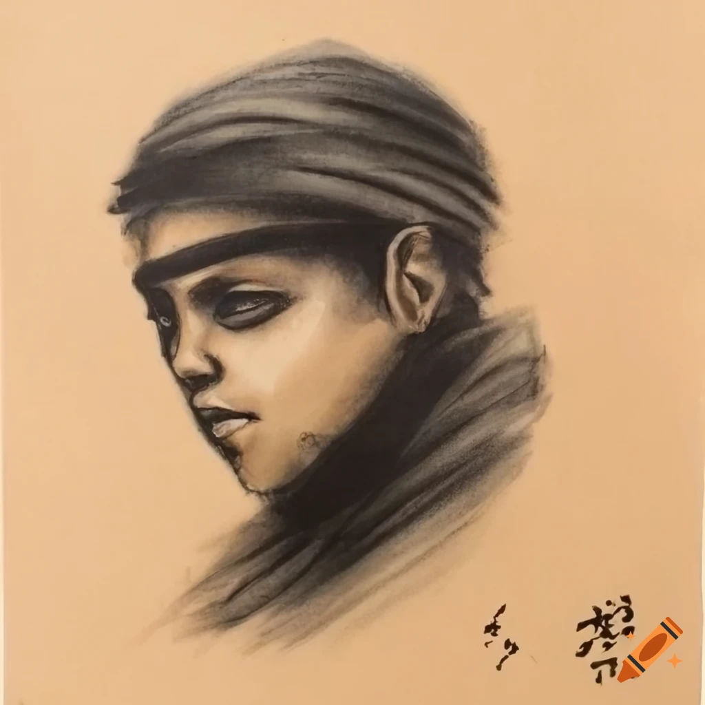 Ninja fight in traditional Japanese charcoal drawing