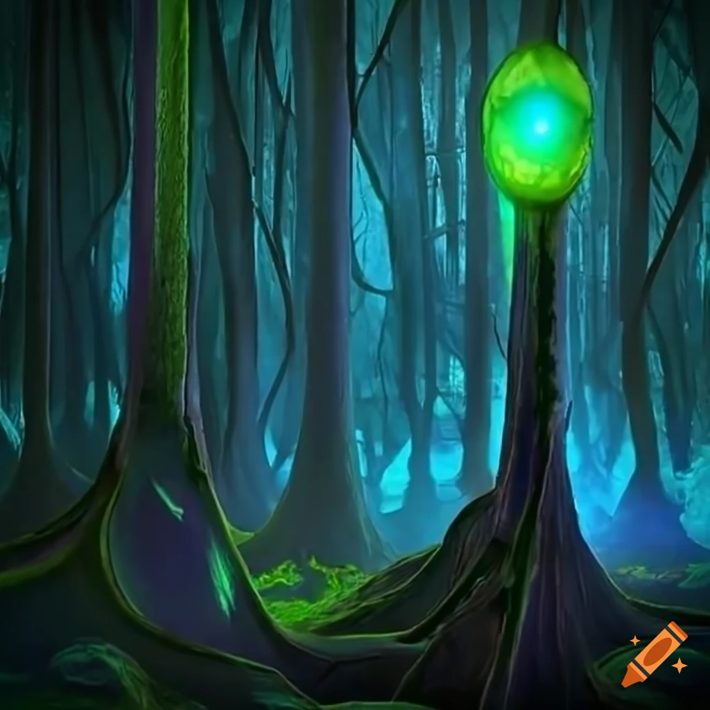 Biopunk forest merging nature and technology with towering bioluminescent trees