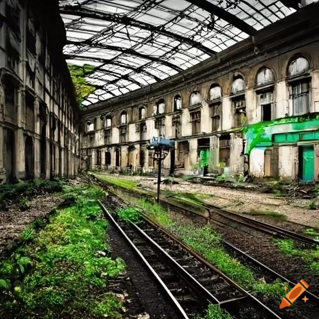 Abandoned train station Gare de l'est in Paris with a Tim Burton style and vegetation on railways