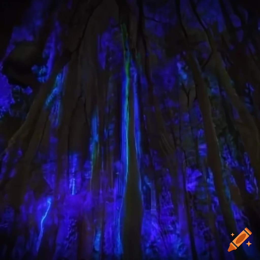 Biopunk paradise with glowing bioluminescent trees merging nature and technology