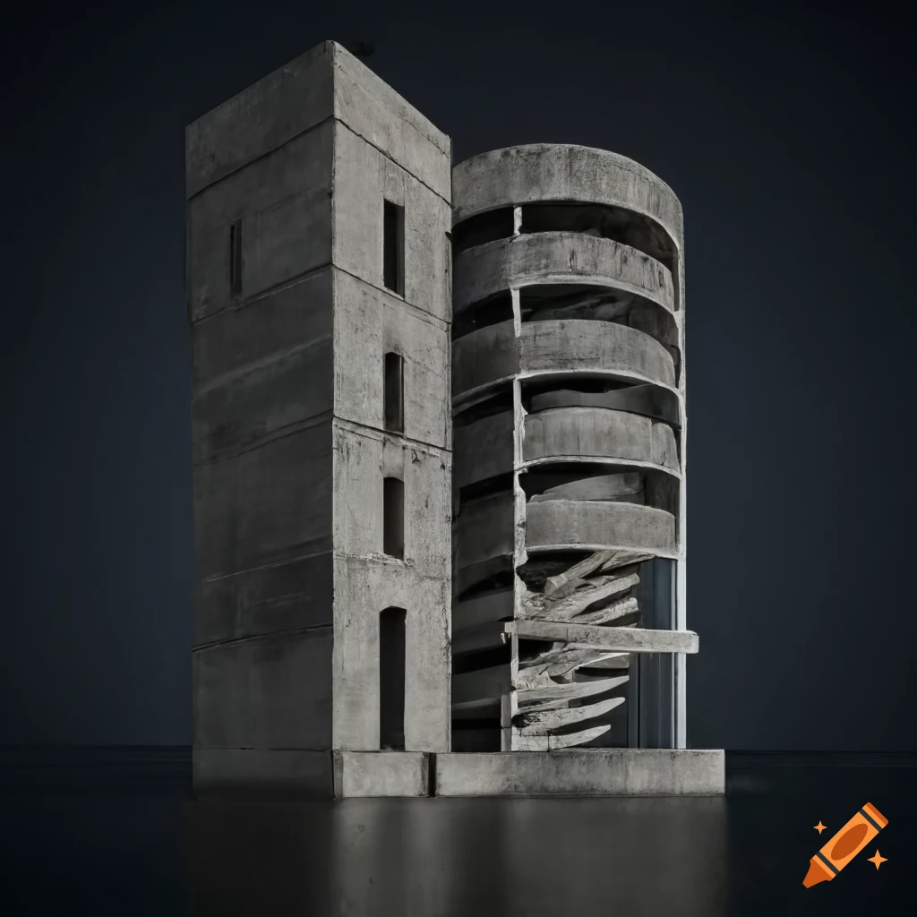 Grey concrete building with spiral iron staircase and metal colonnade portico