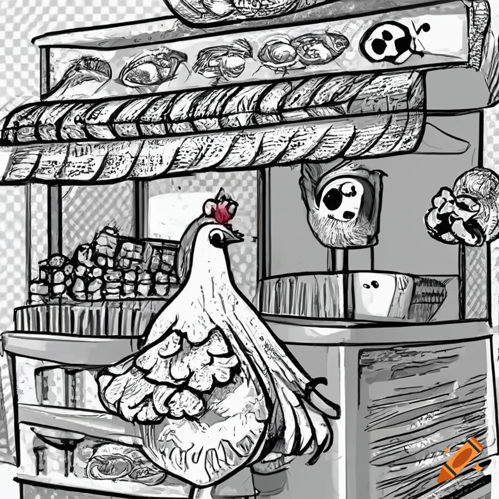 Cute anime chicken with a kebab on a shop banner