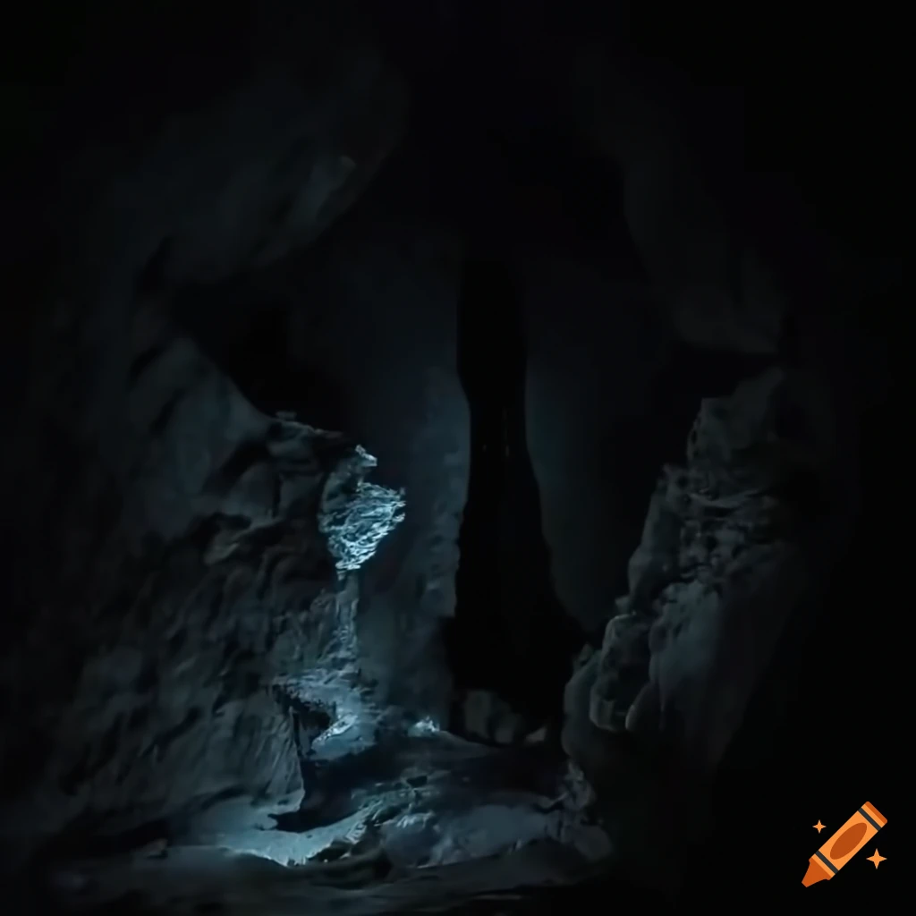 Dark cave with a hole in the ceiling and giant crystals