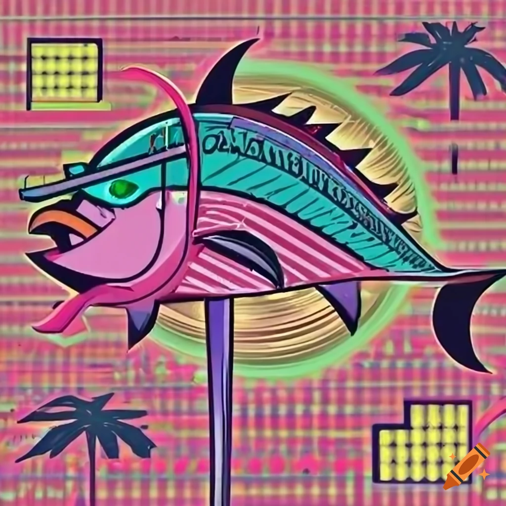 Cartoon tuna with neon sunglasses on a hot pink fork in a retro 80s style
